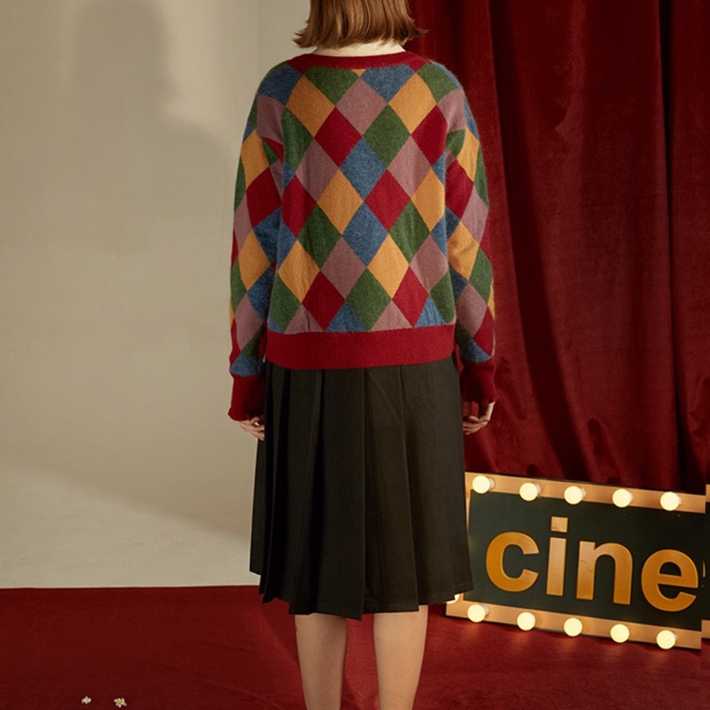 Diamond Check Rabbit Fur Infused Cardigan Sweater - Picture 3 of 7